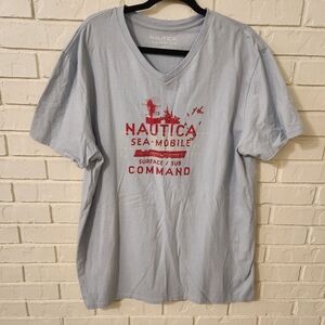 Nautica Sky Blue V-Neck Tee with Red Print